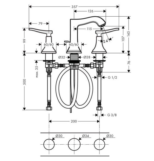 HANSGROHE Metropol Classic Смеситель для раковины на 3 отверстия, ручки палочки Цвет: Хром, золото 